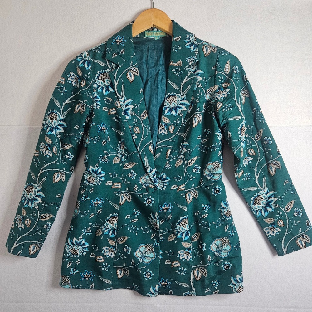 Chhavvi Aggarwal Floral Blazer Teal Green Blue Botanical Print Jacket Size M
